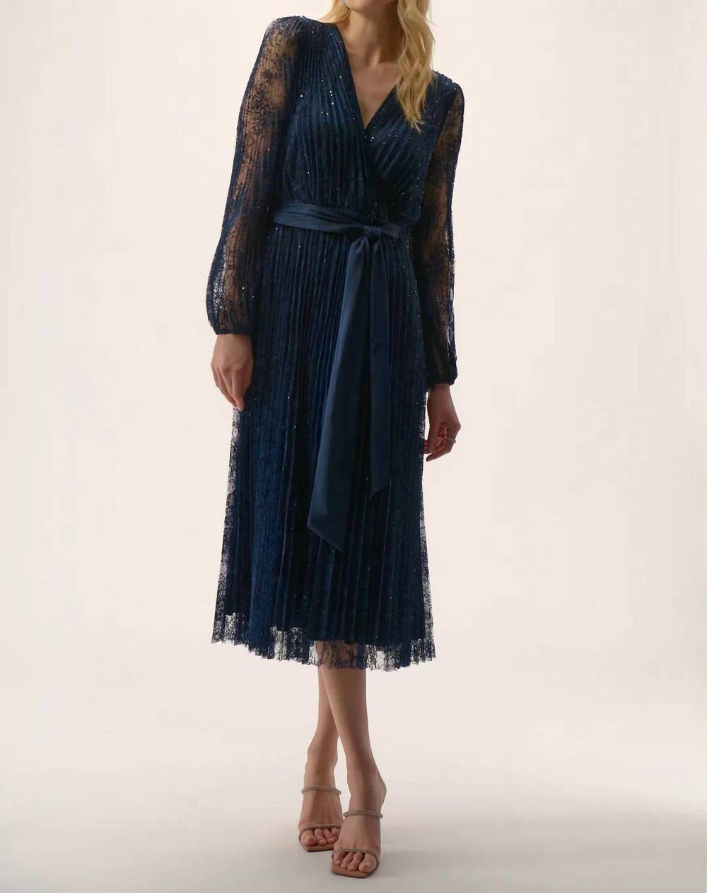 NEW JOSEPH RIBKOFF sequined belted long lace sleeve fit & flare dress in midnigh